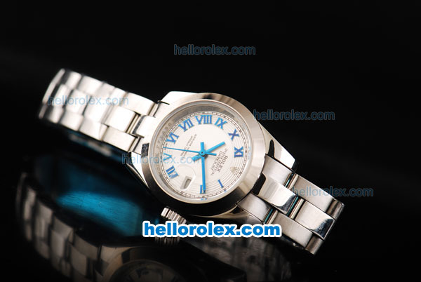 Rolex Datejust Oyster Perpetual Automatic Movement Full Steel with Blue Roman Markers and White Dial-Lady Size - Click Image to Close
